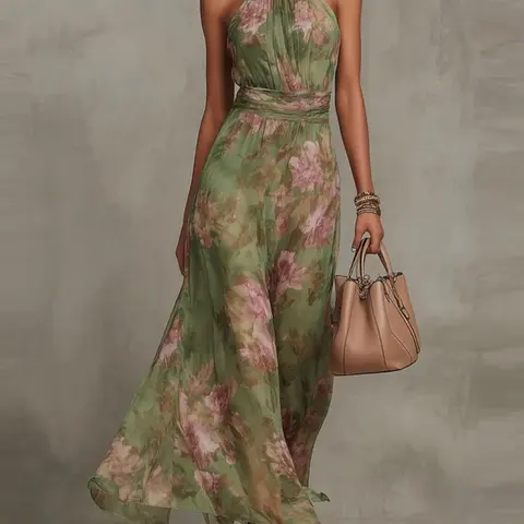 2026 Spring Summer New Chic French Mesh Print Asymmetrical Ruched Sexy Halter Midi Dress, Elegant Vintage Party Dress, Suitable for Office, Casual, Vacation