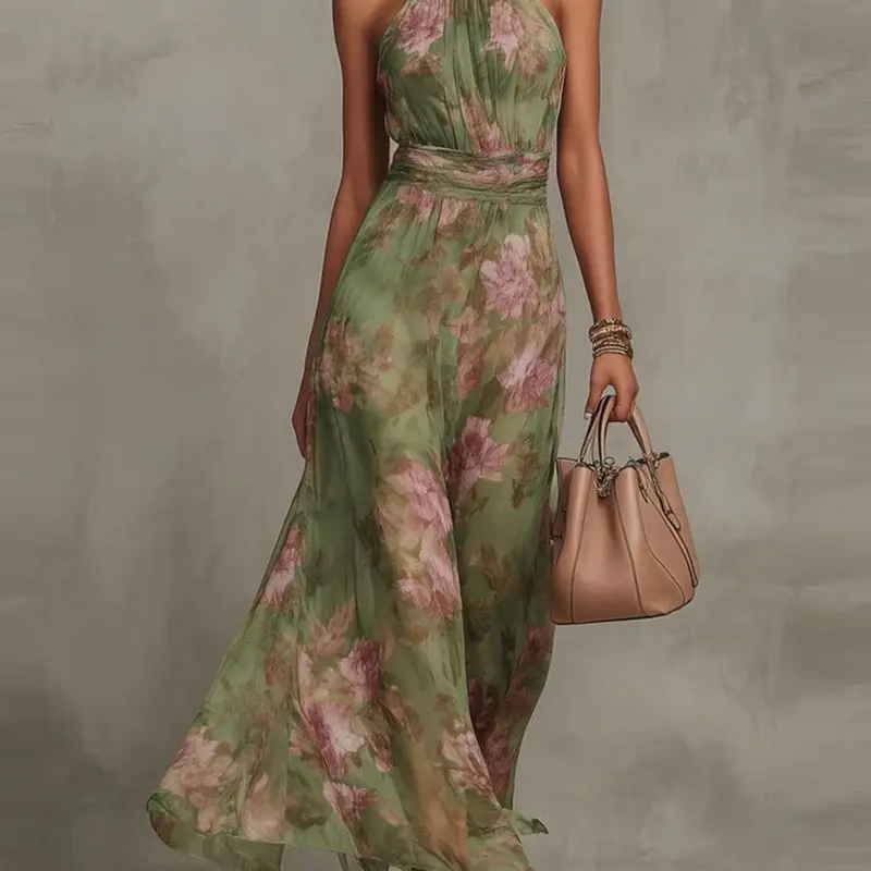 2026 Spring Summer New Chic French Mesh Print Asymmetrical Ruched Sexy Halter Midi Dress, Elegant Vintage Party Dress, Suitable for Office, Casual, Vacation