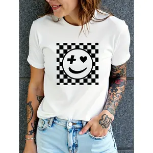 Women's Black Checkered Joyful Face Graphic Tee -
