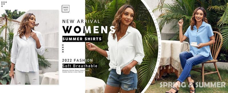 Imily Bela Womens Long Sleeve Button Down Cotton Linen Shirt Blouse Loose Fit Casual V-Neck Tops