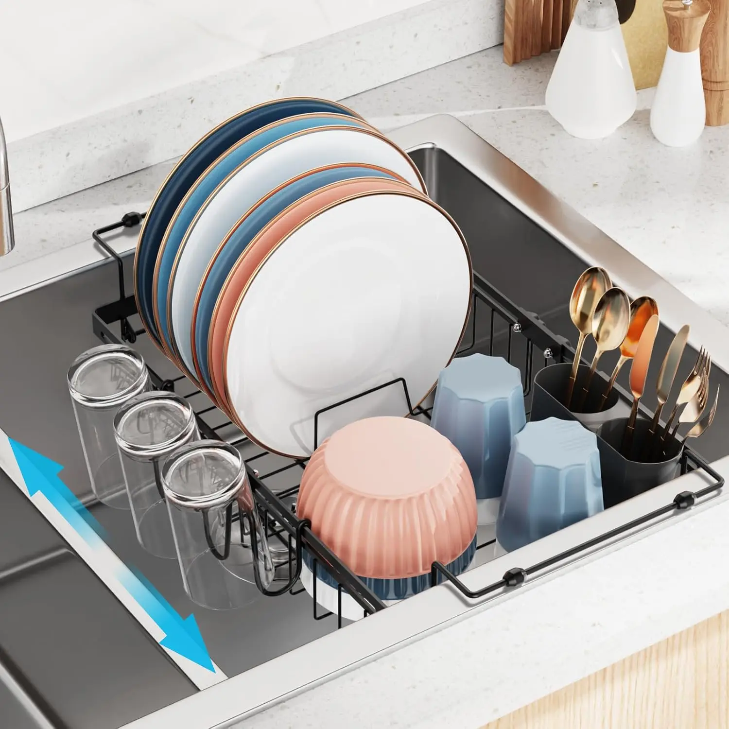 Dish Drying Rack Over the Sink - Expandable Drainer with Cup Holder | Twist-Lock Adjustment, Removable Utensil Holder, Handles with Non-Slip Beads, Rust-Resistant, Space-Saving for Kitchen
