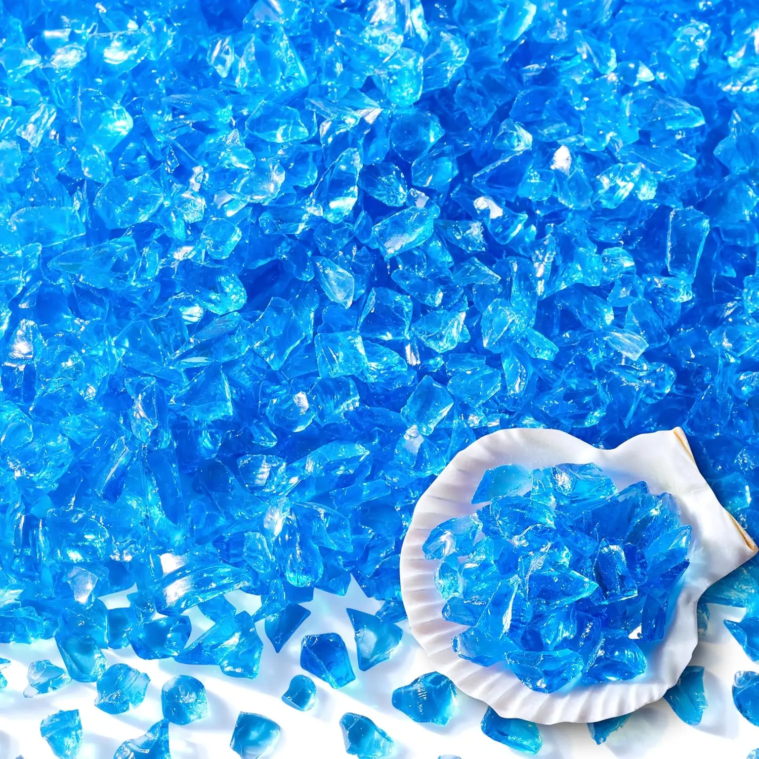 Crushed Glass for  Art for Crafts, 3-6mm  Blue Glass Beads Broken Pieces for Vase Fillers Fire Pit Aquarium Rocks Beach Decor 0.85LB