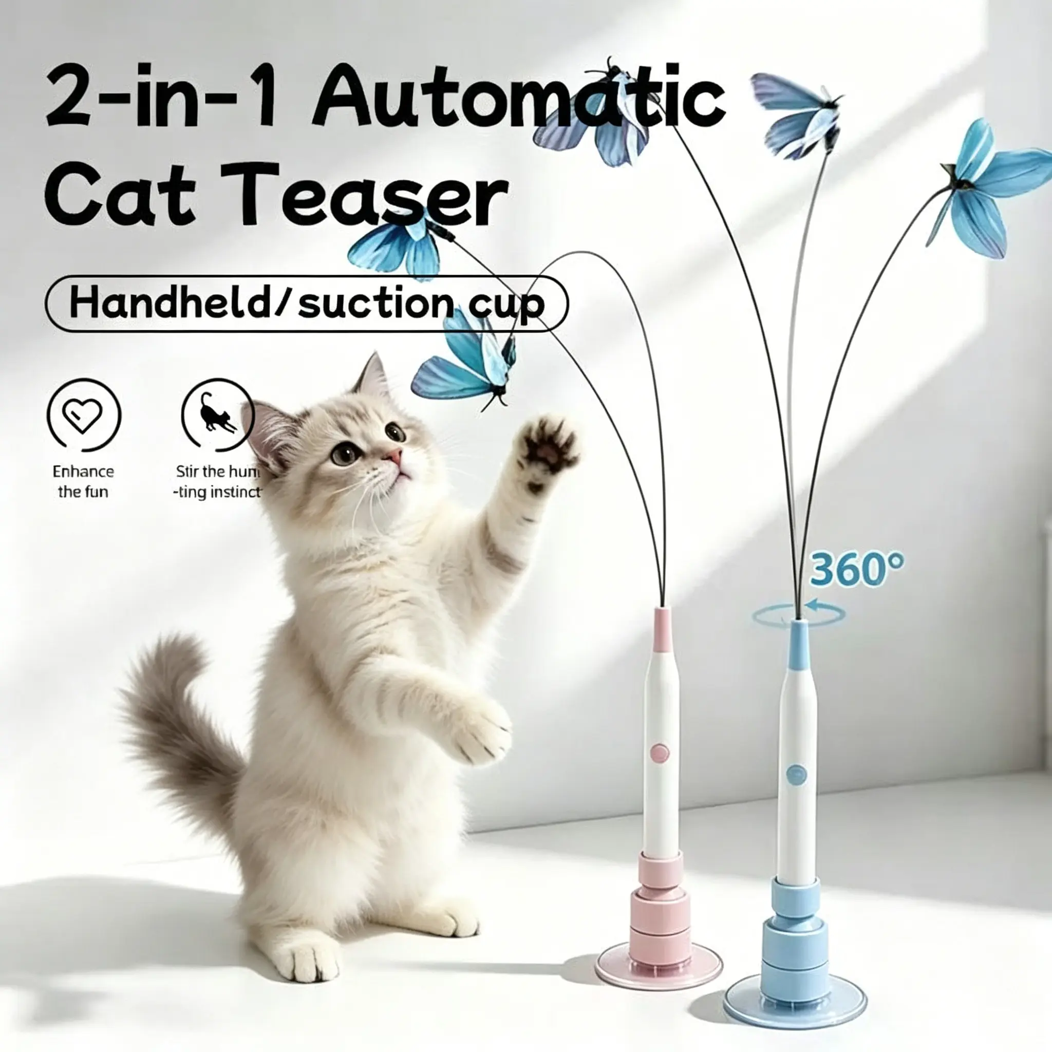 USB Electric Cat Toy, 360-Degree Rotating Butterfly Wand, Auto & Handheld Modes, Indoor Cat Play, with Suction Cup, Perfect for Cats