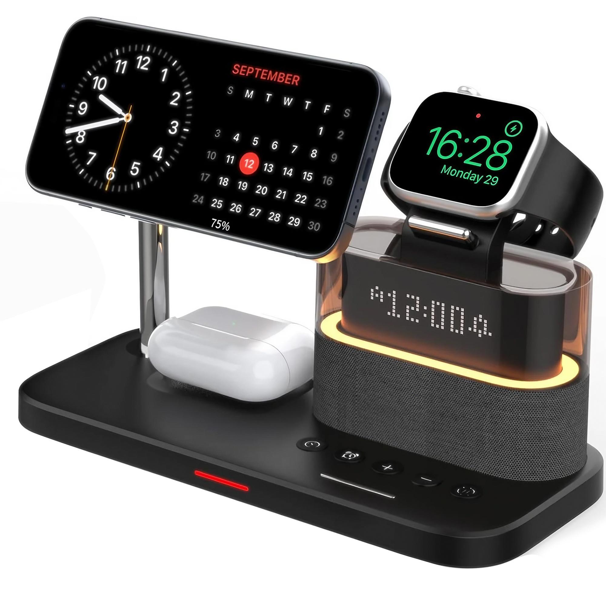 5-in-1 Wireless Charger with Clock, Magnetic Wireless Charger Stand for iPhone, Apple Watch, Airpods, Smart Watch Accessories, Magsafe Charger Set, Black Charging Station, for Smartphone, Magnetic Charging Design, Charging Dock