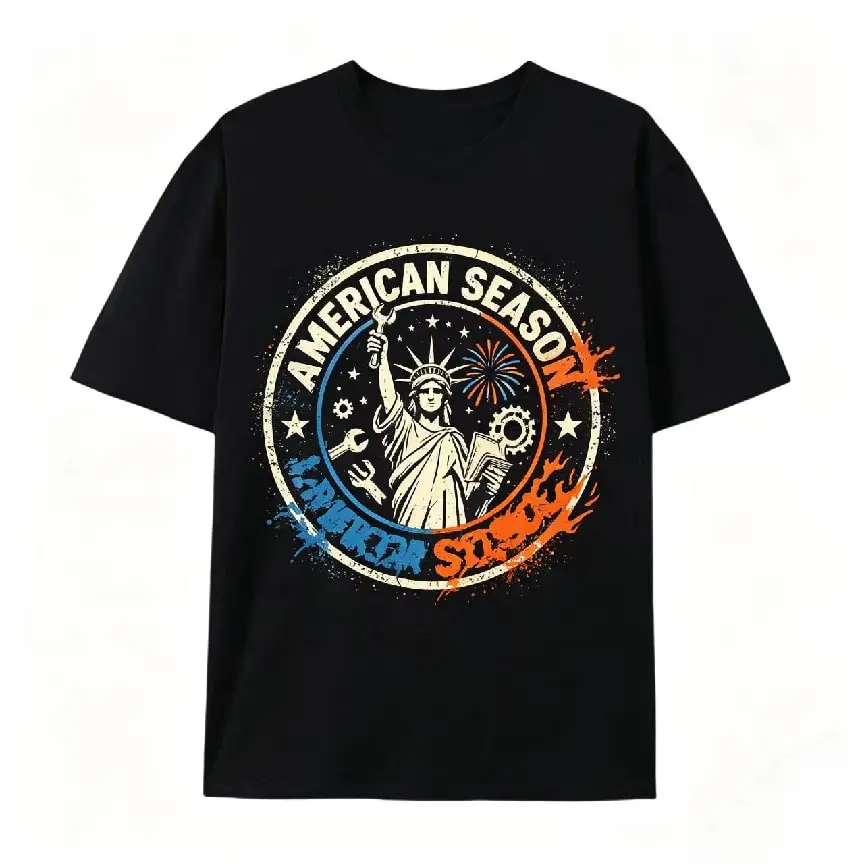 Statue Of Liberty American Season Vintage Graphic Oversized Pure Cotton Black T-Shirt, Labor Day Retro Comfort Fashion Outfit Tee, Perfect Labor Day Valentine's Day Gift For Worker Lover Friends Patriotic Fans, Ideal Holiday Casual Top
