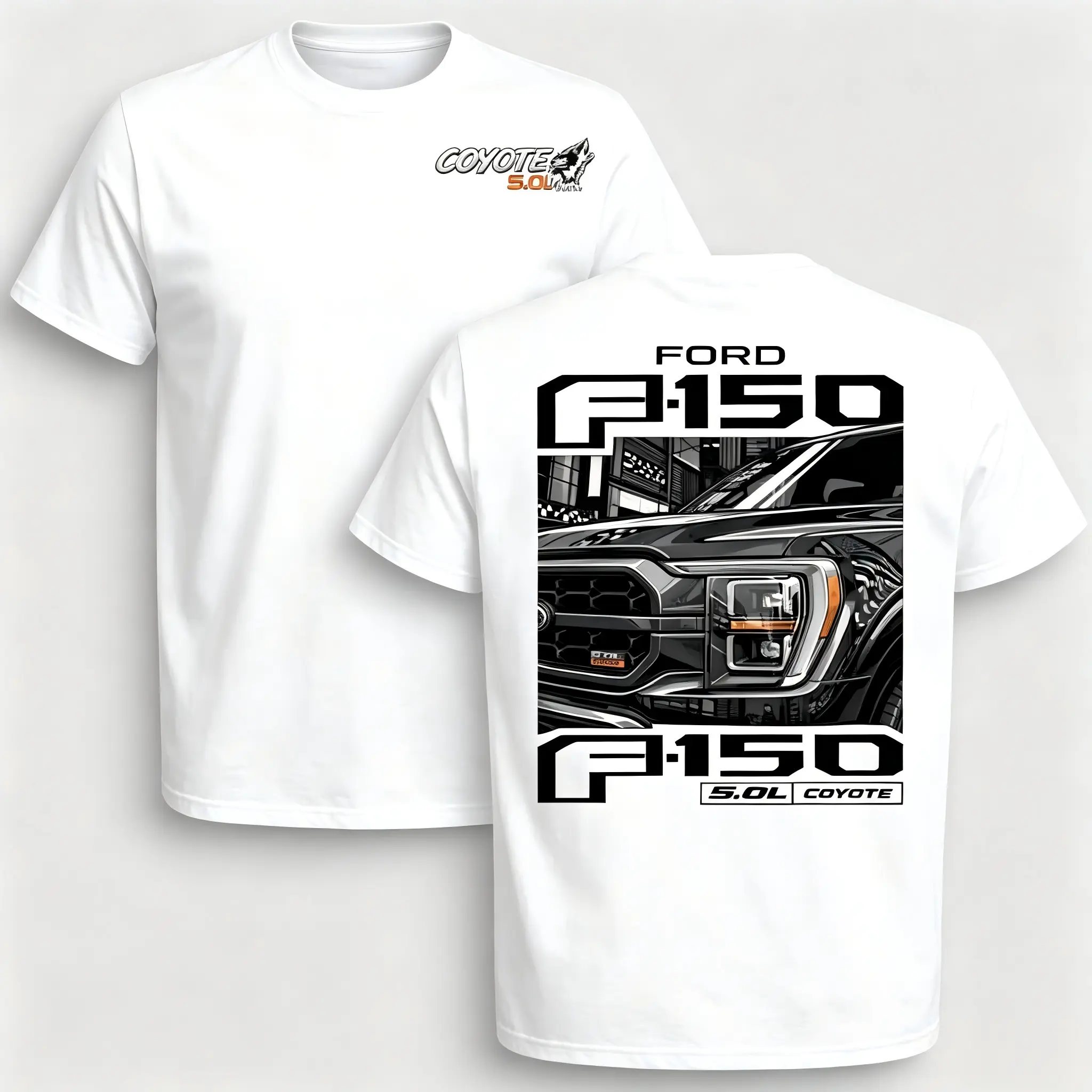 Ford F150 Coyote 5.0 engine graphic t-shirt for truck enthusiasts-men's black pickup truck tee-automotive fan apparel-premium short sleeve cotton shirt with iconic design
