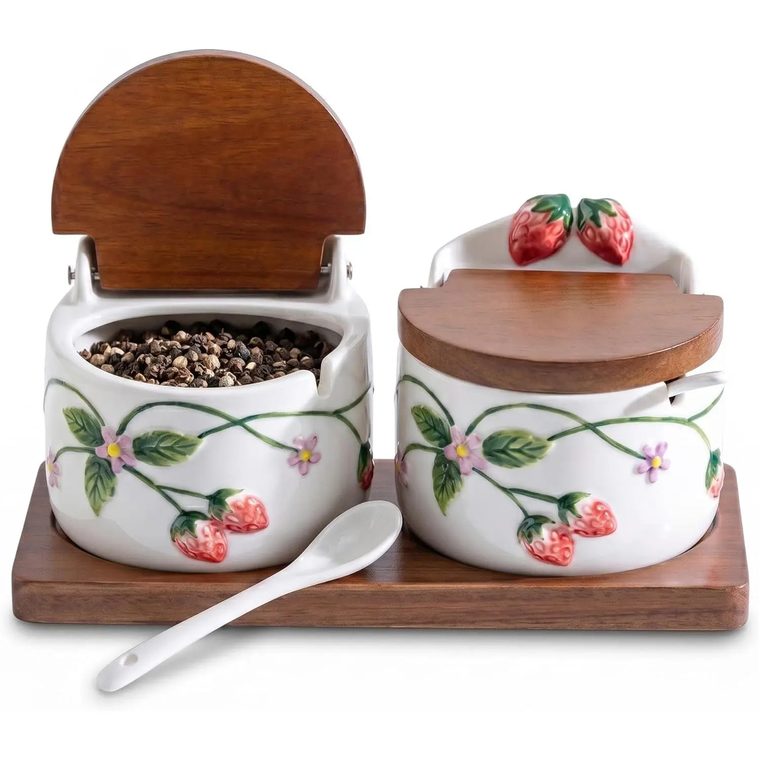 12oz Rustic Aesthetic Sturdy Handmade Ceramic Salt and Pepper Canister Set with Wooden Spoons, Lids, Tray, Strawberry Kitchen Seasoning Utensils for Spices, Sugar, Serving