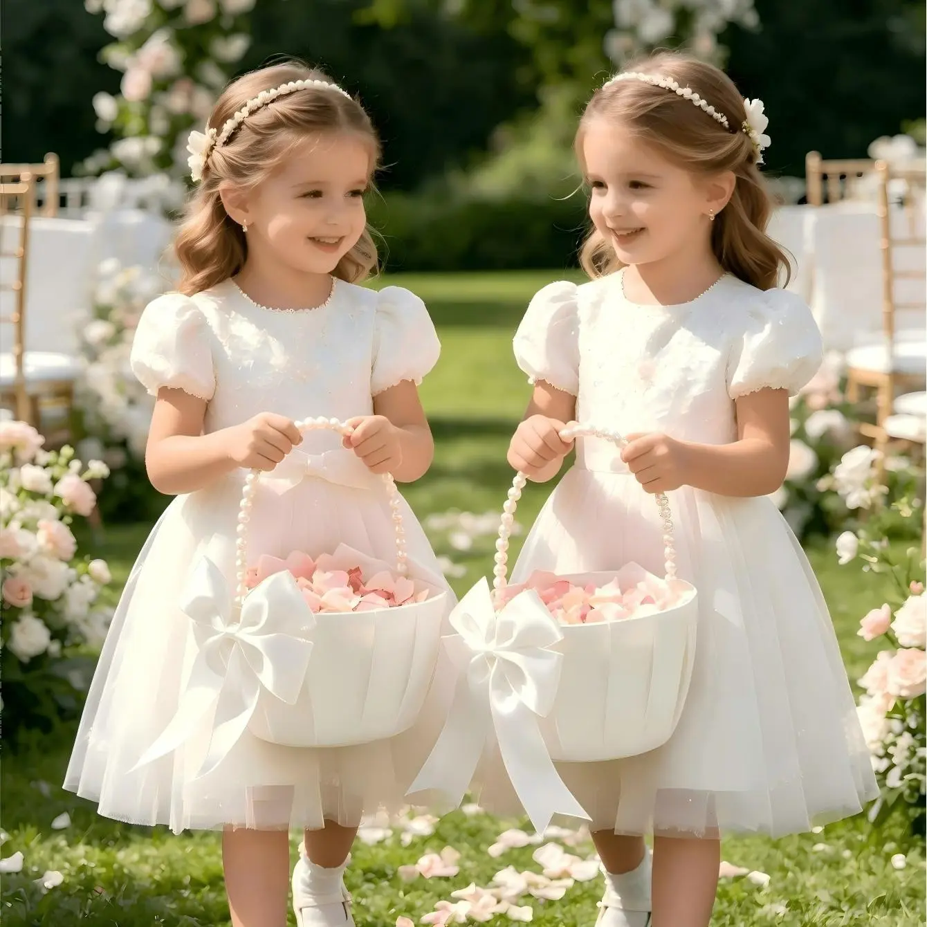 Wedding Flower Girl Basket, Decorative Basket, Adorable Pearl Handle Bowknot Satin Flower Basket, Perfect for Wedding Ceremonies, Elegant Bridal Accessory
