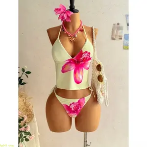 Women Floral Print Halter Two Piece Bikini Swimsuit Set, Tie Back Design Stretch Lightweight Swimwear, Soft Elastic Beach Outfit, Ideal Summer Clothing For Seaside Vacation, Pool Parties And Casual Swimming Activities