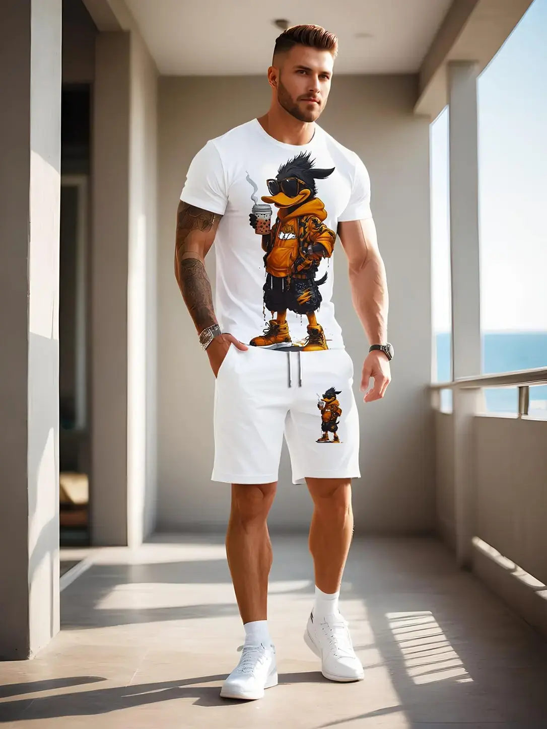 Men's 3D fashionable cartoon print casual everyday set, a two-piece set including a summer sporty crew neck short-sleeved top and drawstring shorts, suitable for outdoor and street wear.