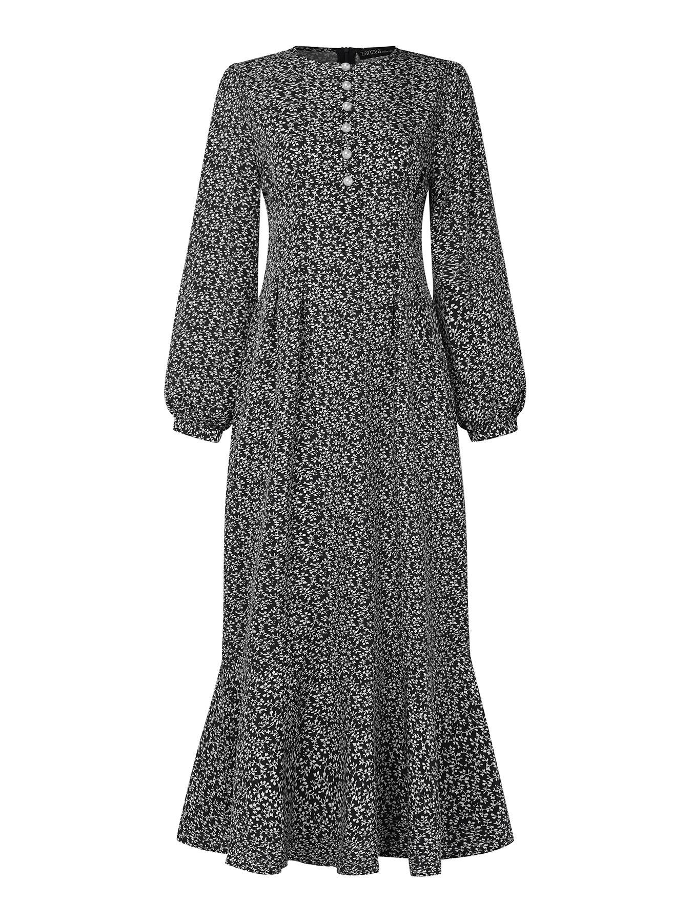 Women's Ditsy Floral Print Button Front Bishop Sleeve Ruffle Hem Flowy Long Dress, Casual Islamic Modest Style Clothing Modesty Wear Muslim Dress for Daily Wear Long Sleeve Dresses