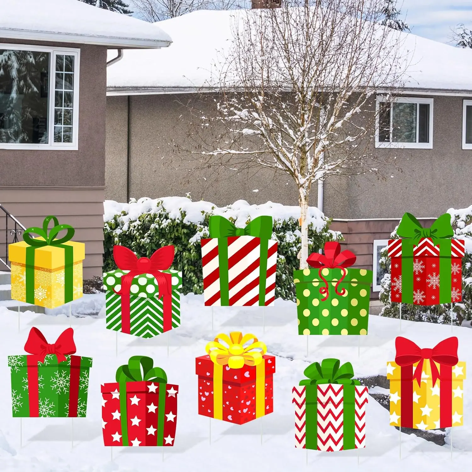 12 Pcs Christmas Decoration Outdoor Yard Sign with Stakes Xmas Lawn Sign Box Sign Decor for Home Outdoor Pathway Walkway Lawn Patio Yard Garden Party Supplies