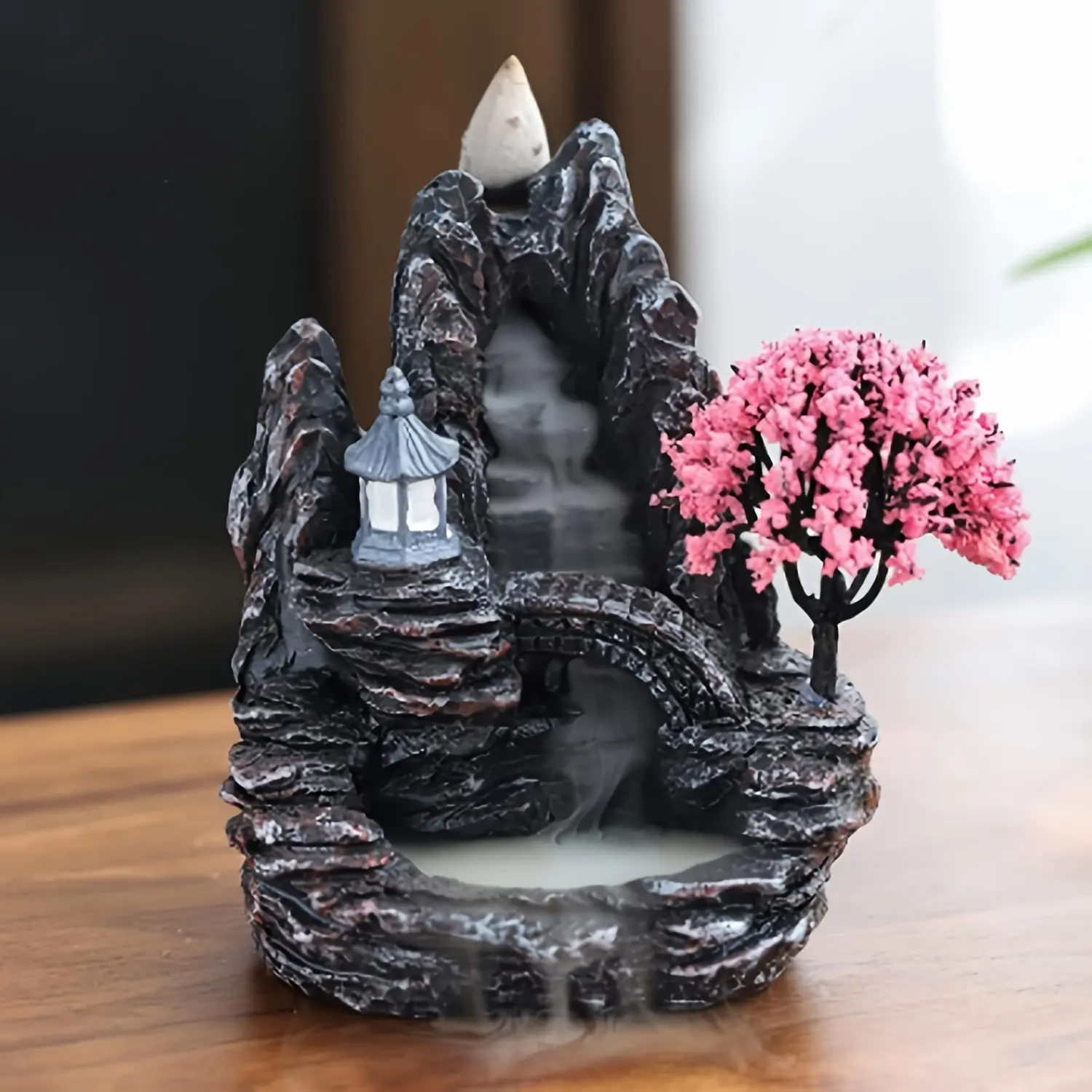 Elegant Resin Backflow Incense Holder with Cherry Blossom Tree - Fragrance-Free, Ideal for Yoga & Home Decor, Features Serene Mountain Cave Design with Waterfall and Lantern Accents, Incense Holder