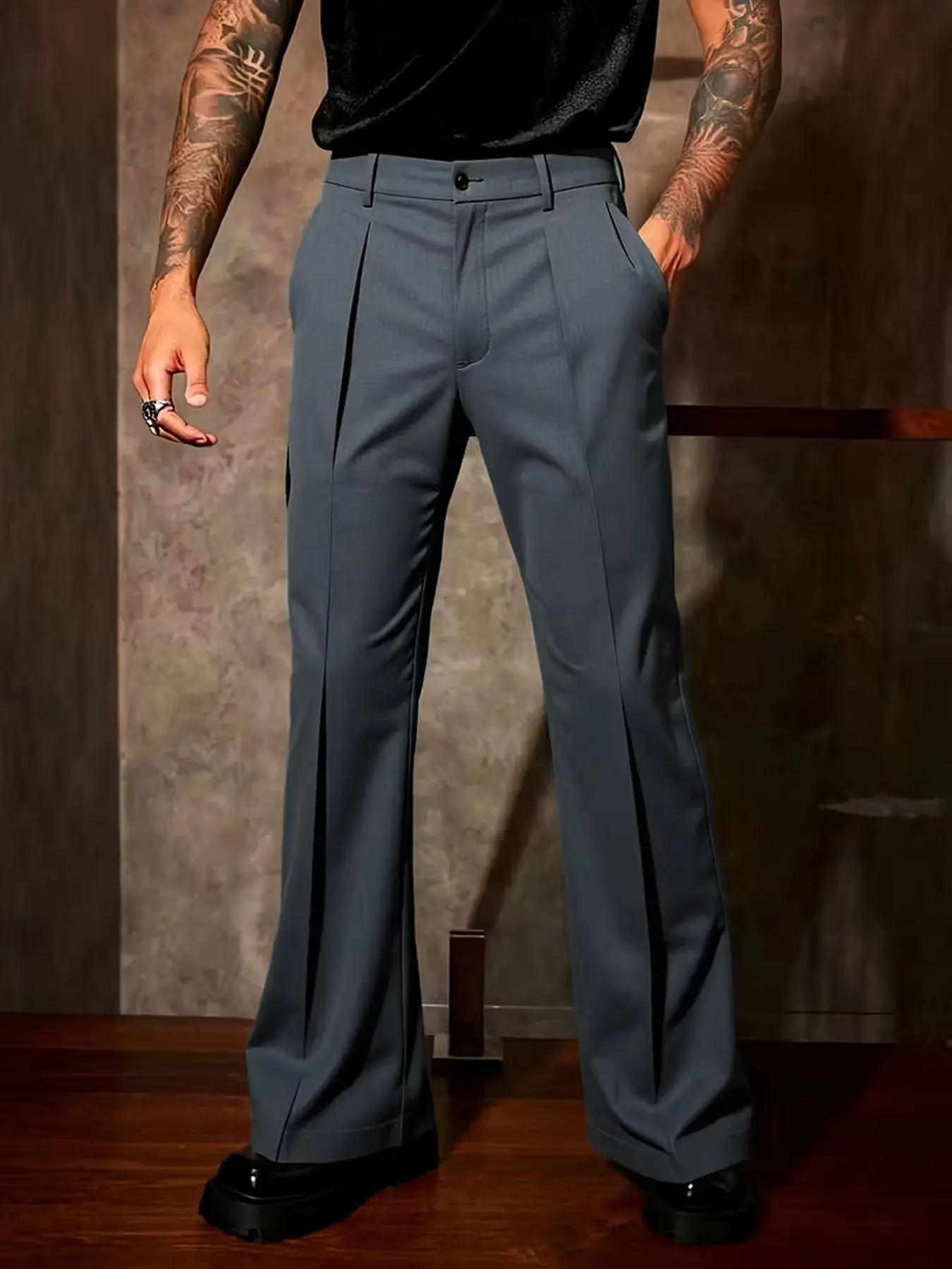 Men's Micro Flare Casual Pants, Fashion Comfort with Back Pockets, Loose Outdoor Long Pants, Versatility Streetwear, Light Business Suit Piece Spring & Autumn Trouser