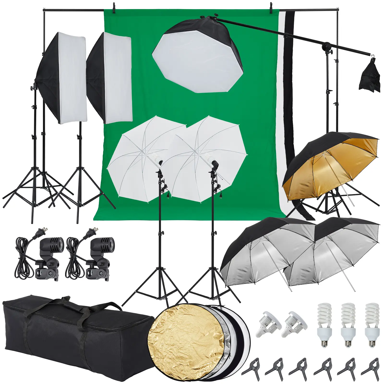 Complete Photography Lighting Kit – 8.5x10ft Backdrop Stand, 5 Tripod Stands, 45W LED Softbox, Umbrella – 5500K Daylight Studio Video Set
