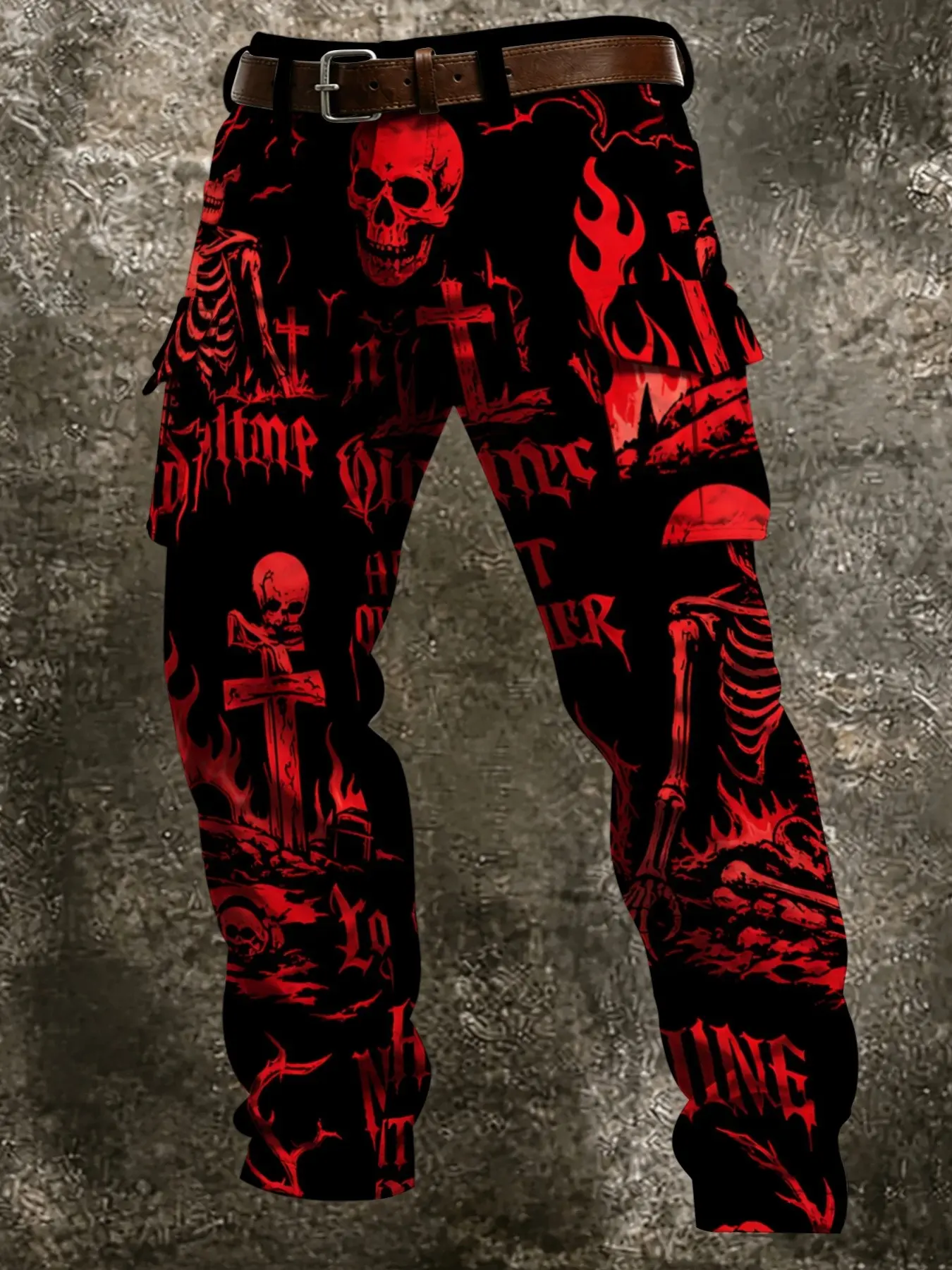 Base Skull Tombstone Flame Gothic Font Full Print Cargo Pants, Punk Rock Streetwear Multi-Pocket Long Trousers