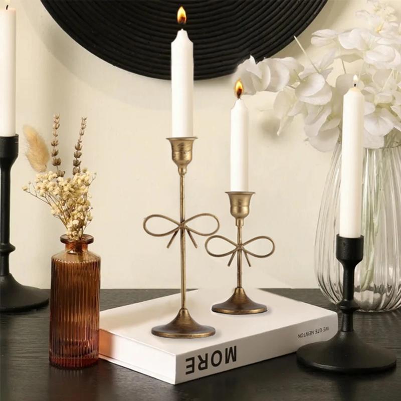 Large Bow Taper Candle Holder – 9" Antique Gold Iron & MDF Tabletop Decor, Bow Accent, Indoor Candle Accessory