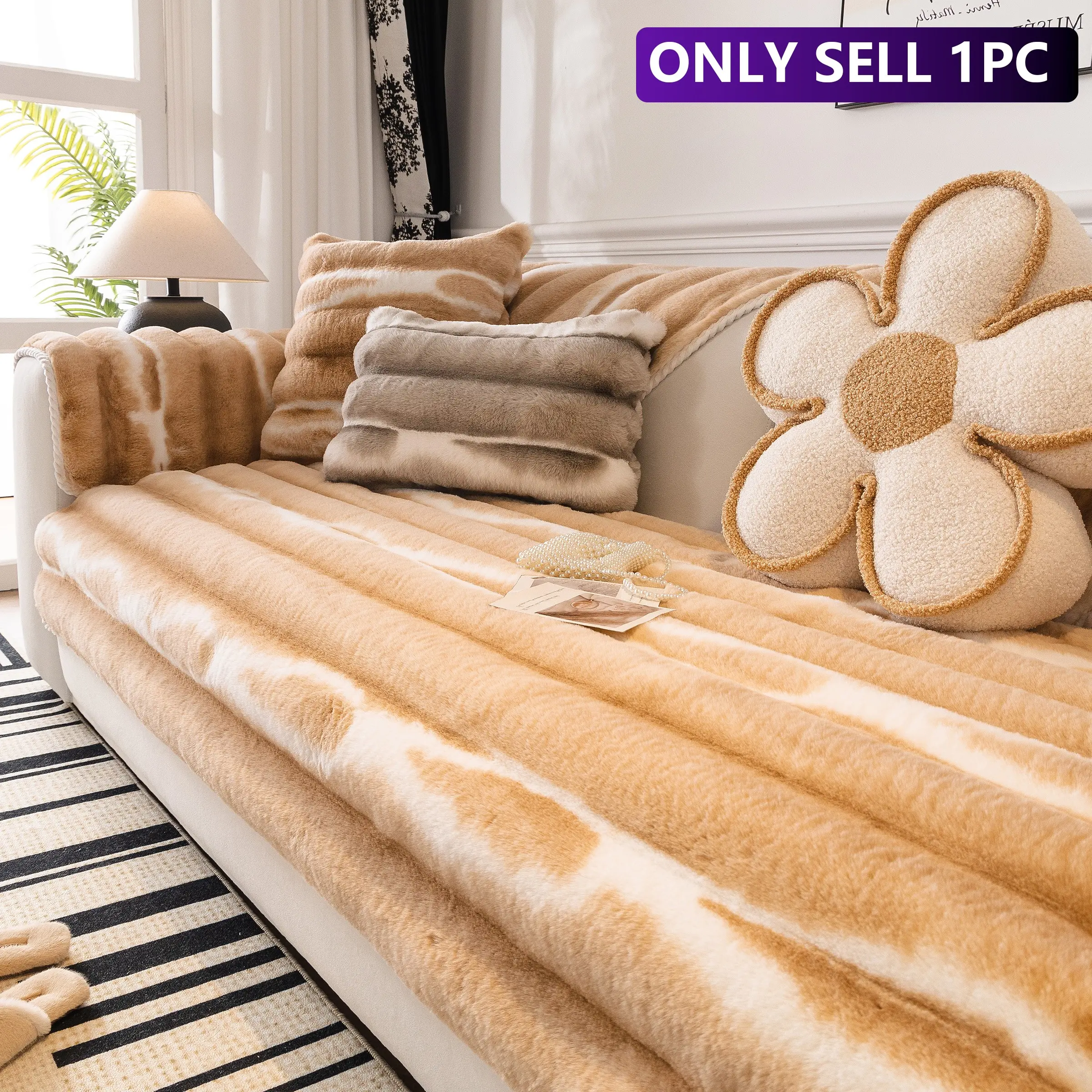 Patterned Rabbit Fur Look Wave Sofa Pad, Thick Plush Sofa Cushion, Pet Scratch-Resistant, Fits Straight and L-Type Sofas