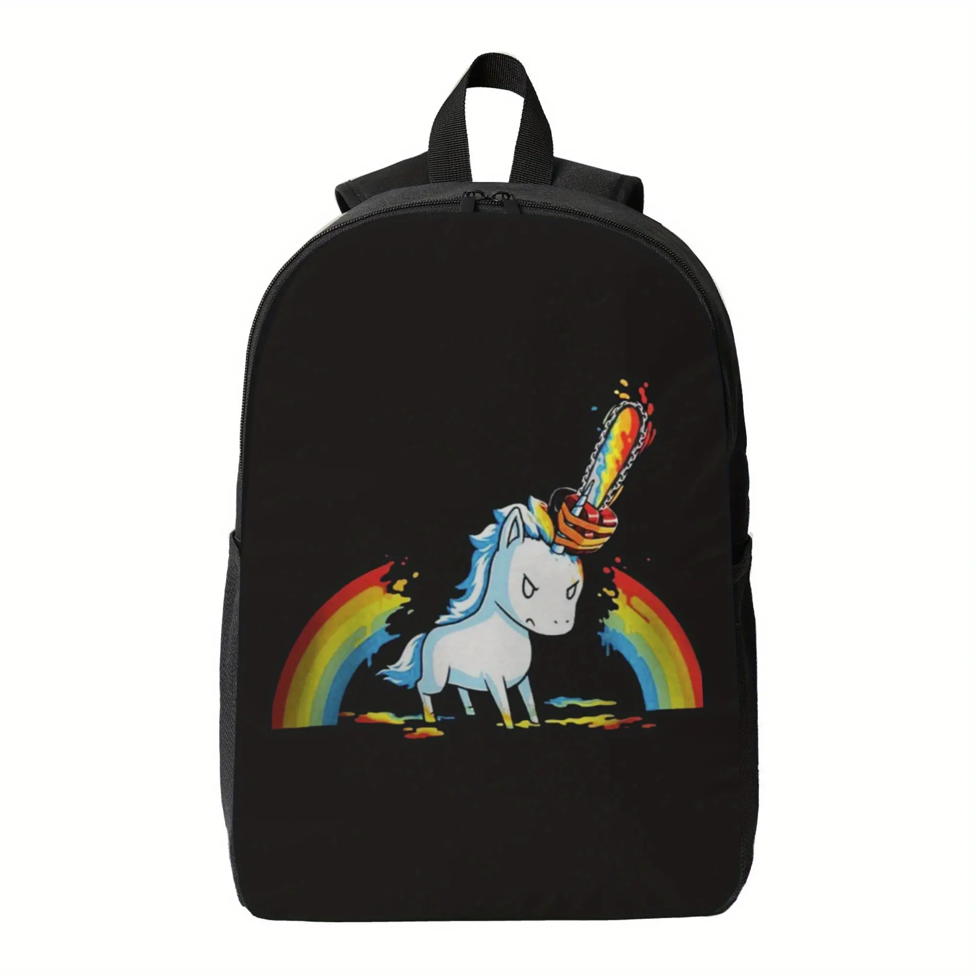 Angry Pony Magic Backpack - Unisex School & Educational Bag, 600D Polyester Oxford Fabric, Lightweight Carry, Zipper Closure, Sturdy Handle, Shoulder Strap, Graphic Fun Design, Ideal for Students & Business Trips, Black with Rainbow Accents