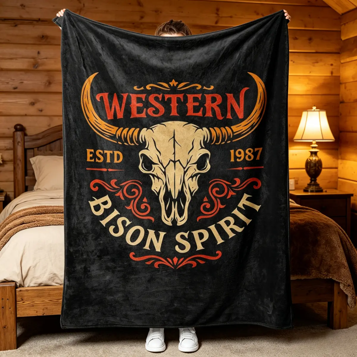 Vintage Western Bison Spirit Throw Blanket, ESTD 1987 Retro Buffalo Skull Rustic Flannel Blanket, Soft Plush Warm Decorative Blanket for Farmhouse Cabin Ranch Bedroom Sofa RV Camping Western Country Home Decor