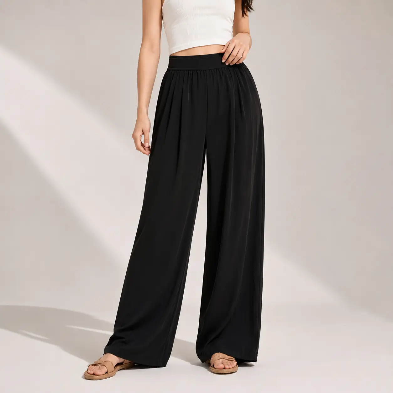 Women's Elastic Waist Wide Leg Pants, Soft Flowy Loose Fit Lounge Trousers, Casual Summer Vacation Pants