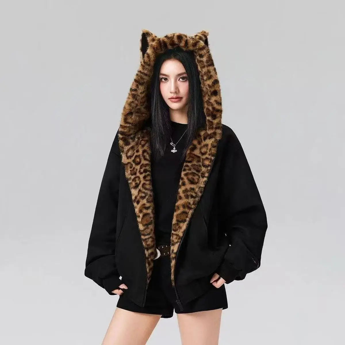 Women's Petite Fashionable Leopard-Print Padded Jacket with Cat-Ear Hood – Casual, Loose-Fit, Versatile, Thick & Warm (Autumn/Winter)