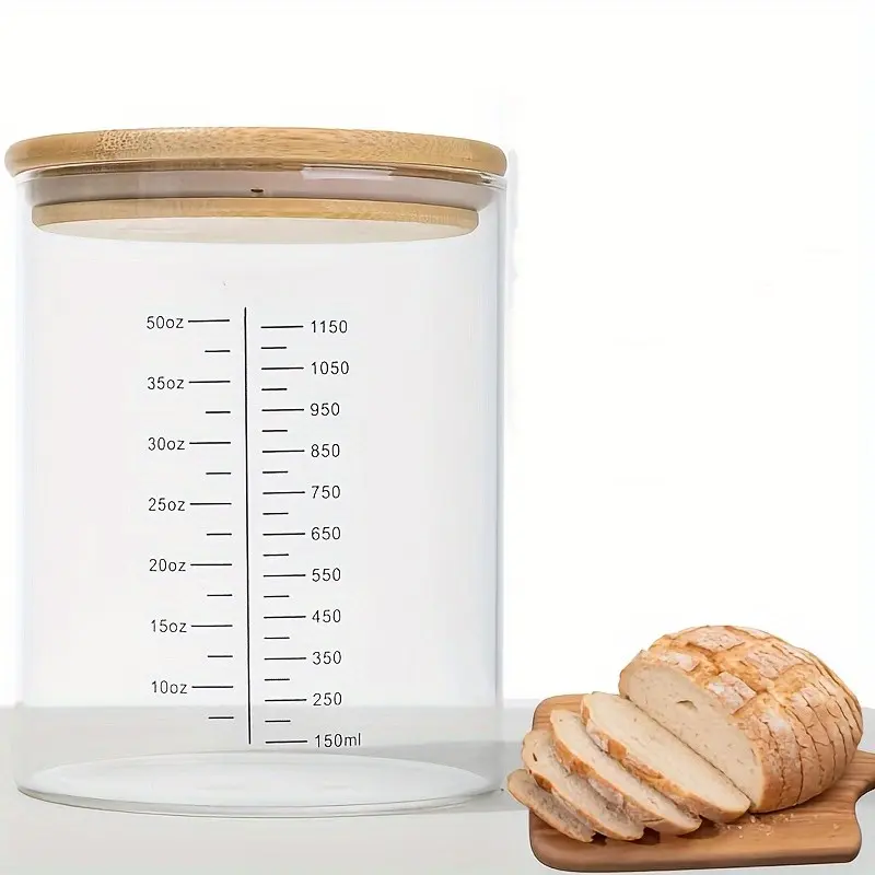 Glass Sourdough Starter Jar 50oz with Clear Markings, Airtight Bamboo Lid, Fermentation Vessel for Natural Yeast & Levain Culture, Airtight Glass Containers