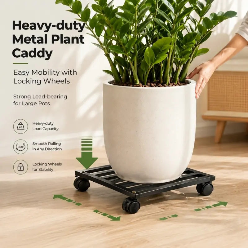 Heavy-Duty Metal Plant Caddy with Locking Wheels - 360 Smooth Rolling Plant Stand for Large Pots, Easy Mobility for Indoor & Outdoor Plants, Garden Planter Stand