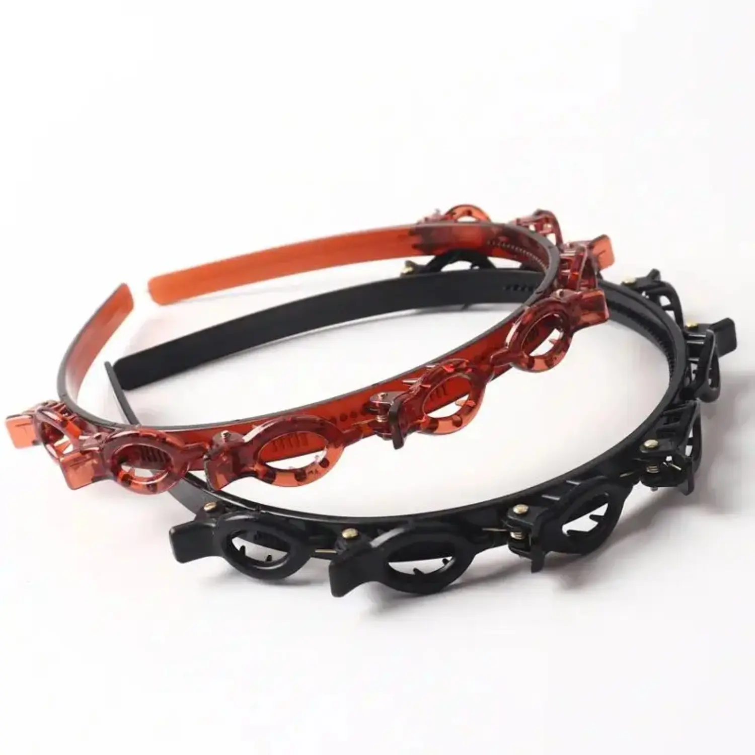 Women's 2-Pack Double Layer Braided Twist Headband with Clips, Flexible Rubber Non-Slip Lazy Bangs Holder, Elastic Universal Size Sporty Hairband for Daily Makeup Skincare, Unisex Clothes Fashion Accessory