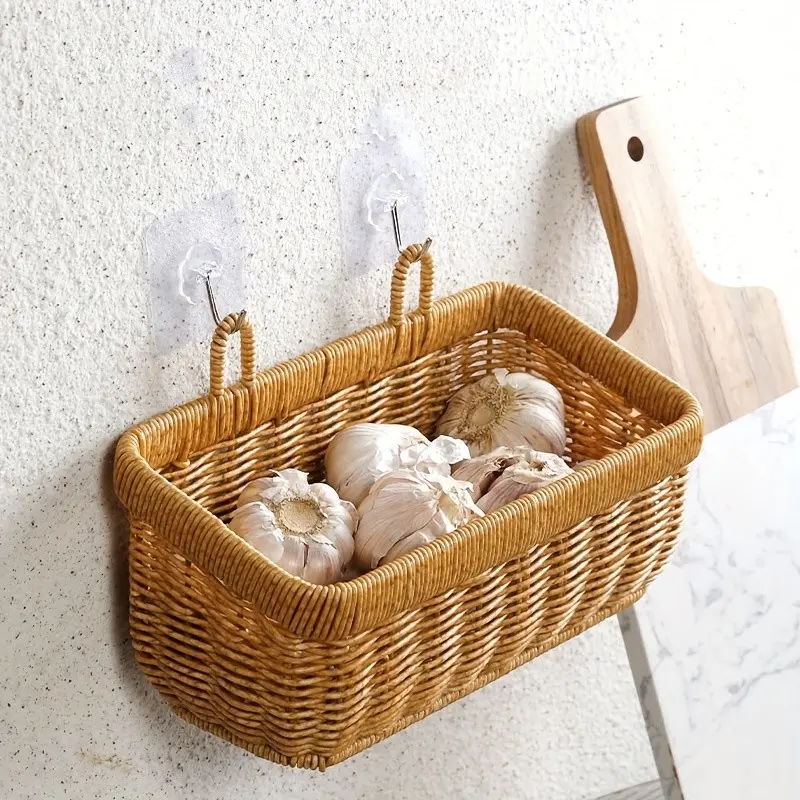 Handmade Wall-Mounted Basket with Handle, Kitchen Storage Basket, Bamboo-Style Weaving, Garlic Ginger Onion Organizer, Durable Plastic, Farmhouse Style, Multi-Purpose