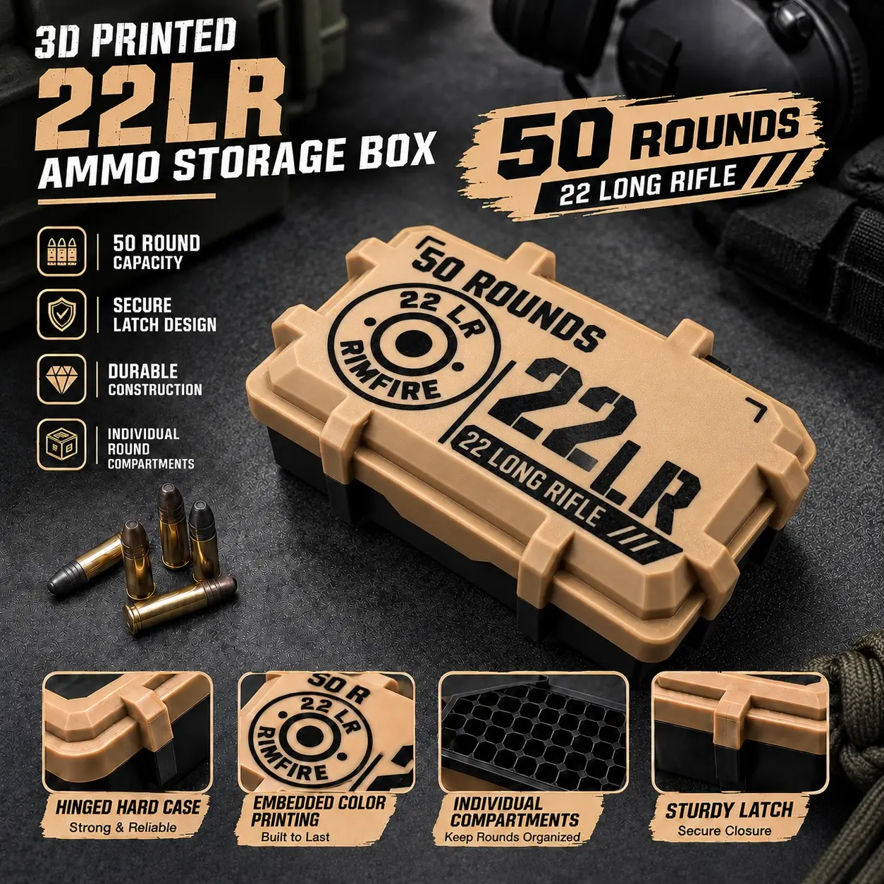 22lr Ammo Storage Box, 50 Rounds Capacity, 3D Printed Hard Case, Clip Lock Design, Independent Compartments, Ideal for Shooting Range, Hunting, Training