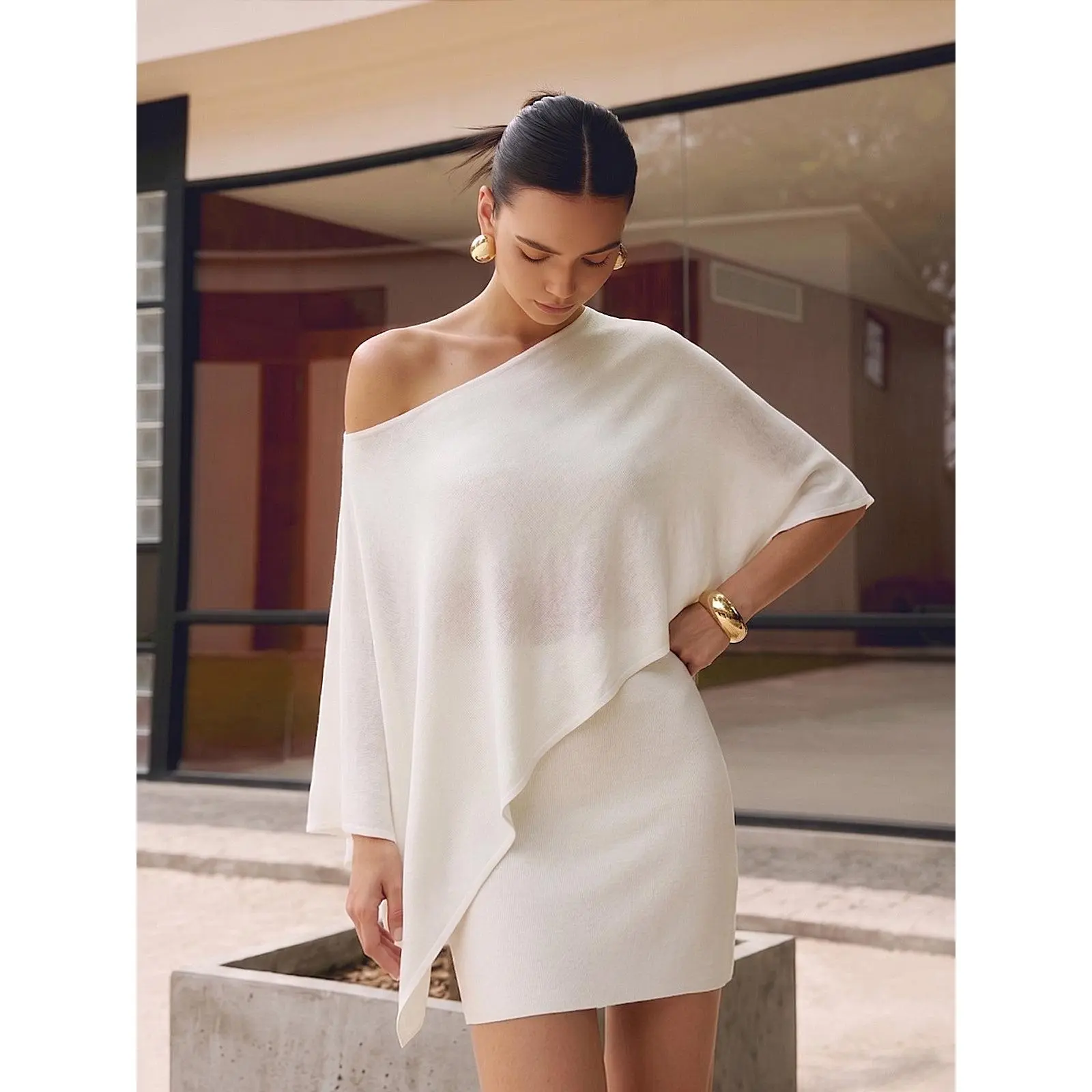 Asymmetric Knit Cape Top & Mini Skirt Set