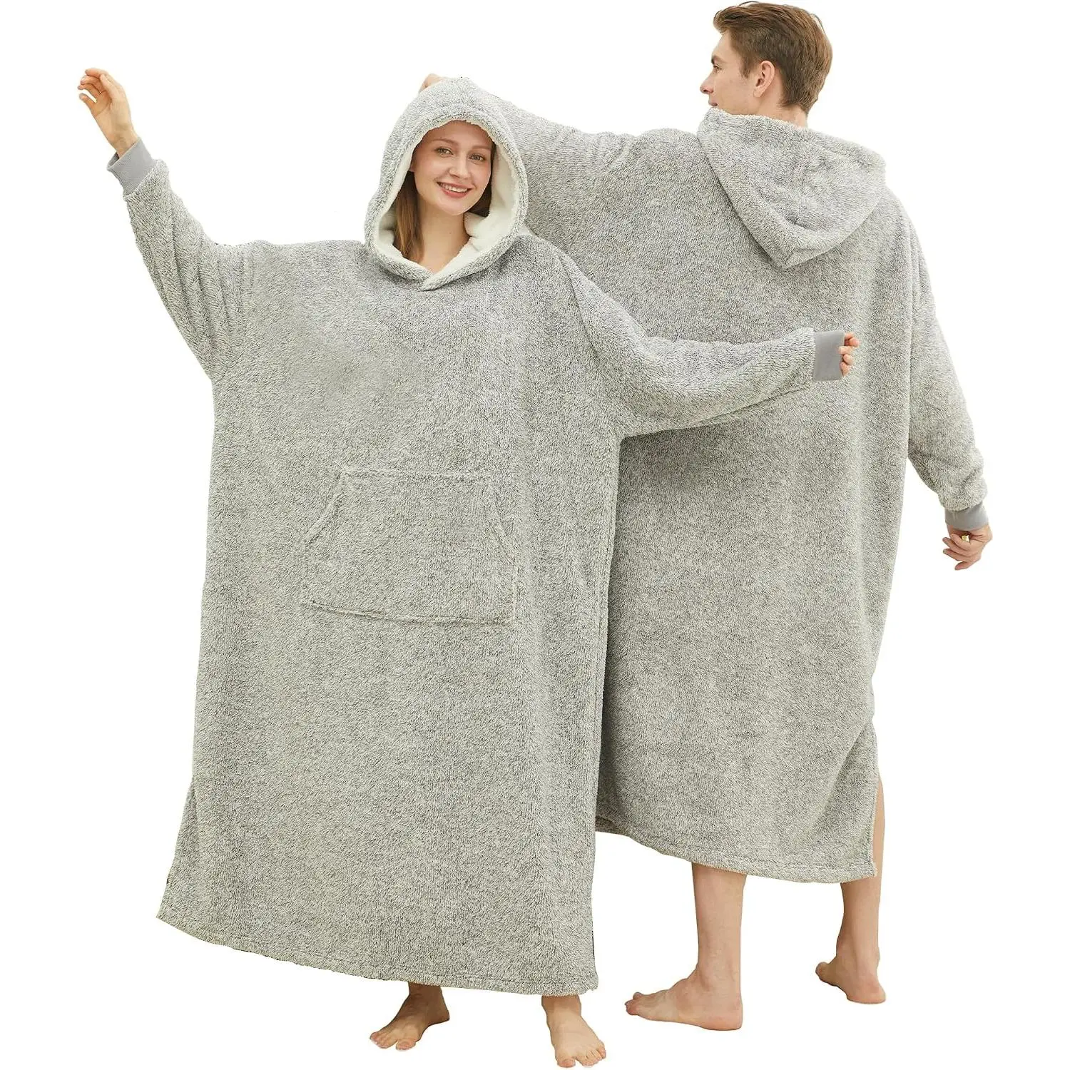1-Piece Extra Long Modern Hooded Blanket for Adults, Soft Fleece Sherpa Wearable Sweatshirt with Giant Pockets, Indoor/Outdoor Lounging Wear for Women & Men, One-Piece