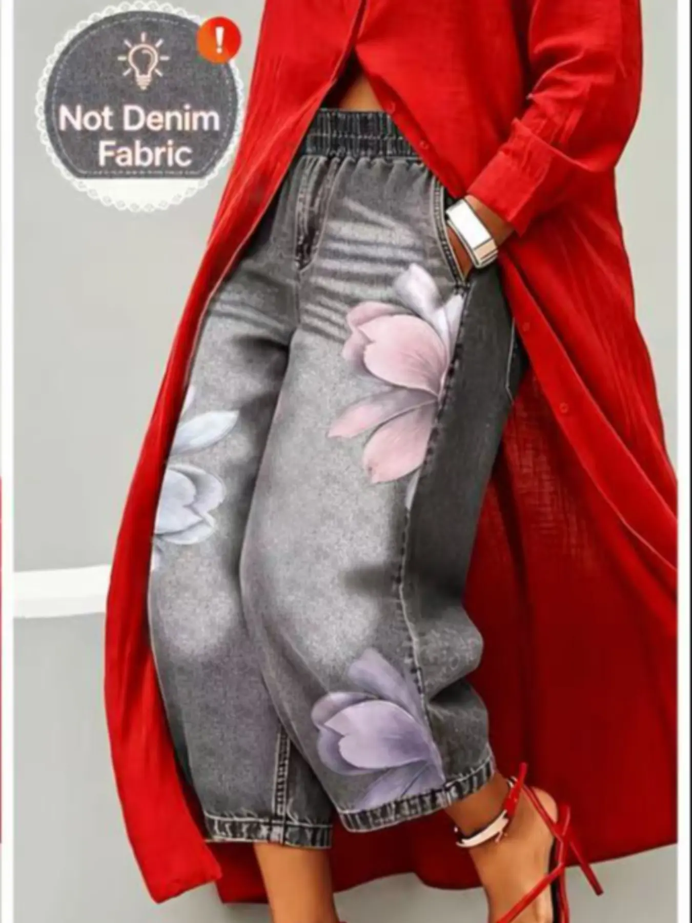 Women's Elastic High-Waisted Short Floral Printed Wide-Leg Pants, Vintage Flower Fake Denim Loose Seven-Eighths Pants, Soft Non-Denim Home Wear