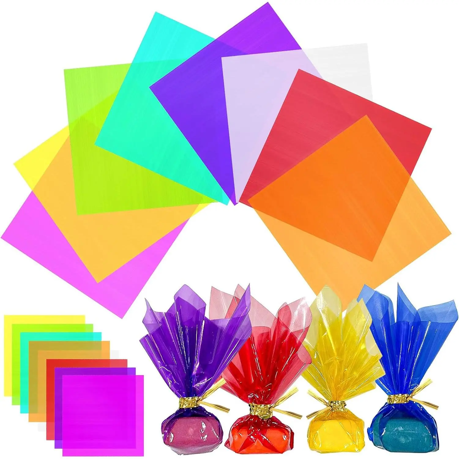 120 count Colored Cellophane Sheets, Easily Shaped Cellophane paper, Cellophane Wrap for DIY Crafts, Holiday Decorations, Small Gifts Packaging, Window Decorations. (7.5 x 7.5 Inch)