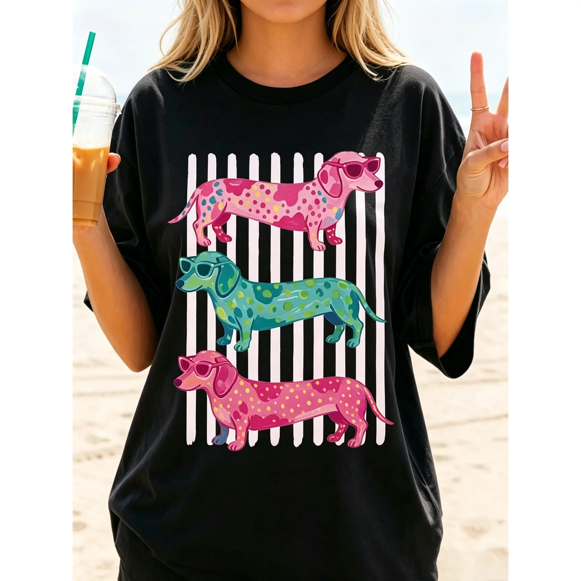 Dachshund Beach Shirt, Wiener Dog Summer Tee, Coastal Dog Lover Gift, Colorful Doxie Shirt, Cute Sausage Dog Tee