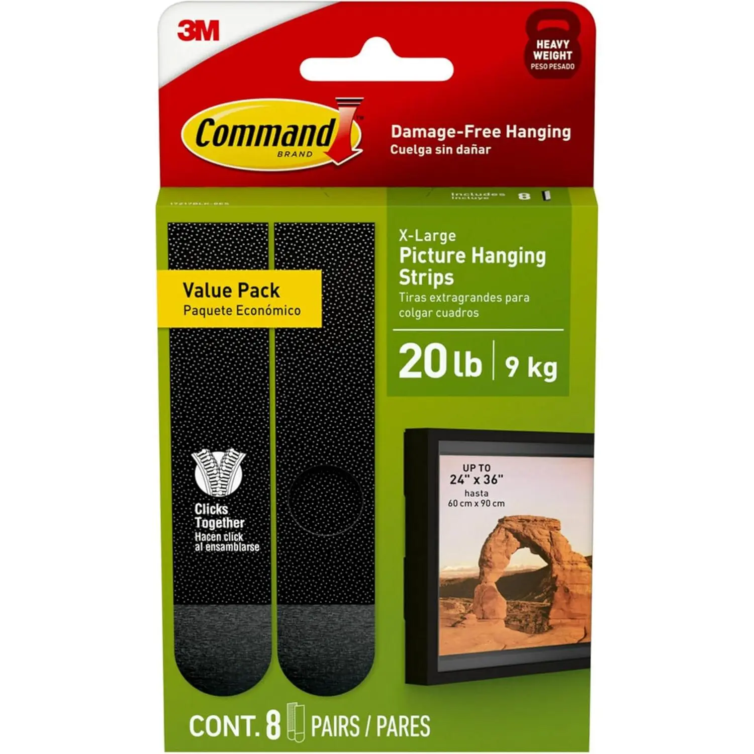 Command 20 lb XL 8 Pairs Heavyweight Picture Hanging Strips (16 Strips), Damage-Free Hangers for Picture Frames, No Tools Required, Ideal for Home Room Wall Decor, Black Adhesive