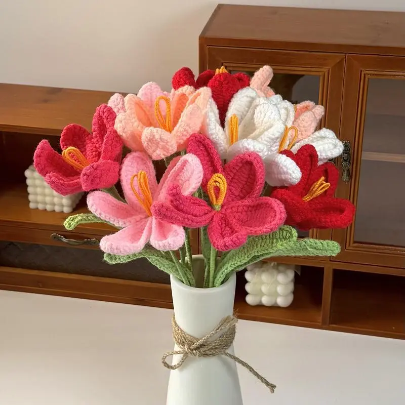 10pcs Crochet Cotton Tulip Artificial Flowers Bouquet for Valentine's Day Mother's Day Wedding Decoration Gift