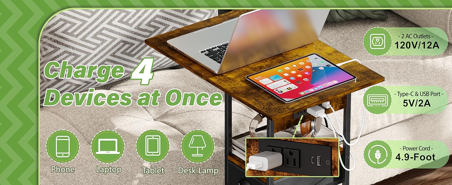 C-Shaped Side Table with Charging Station, Night Stand with Type-C & USB Port and Outlet for Bedroom, Spacious Coffee Table with Wheels for Living Room, Home Office, Small Space