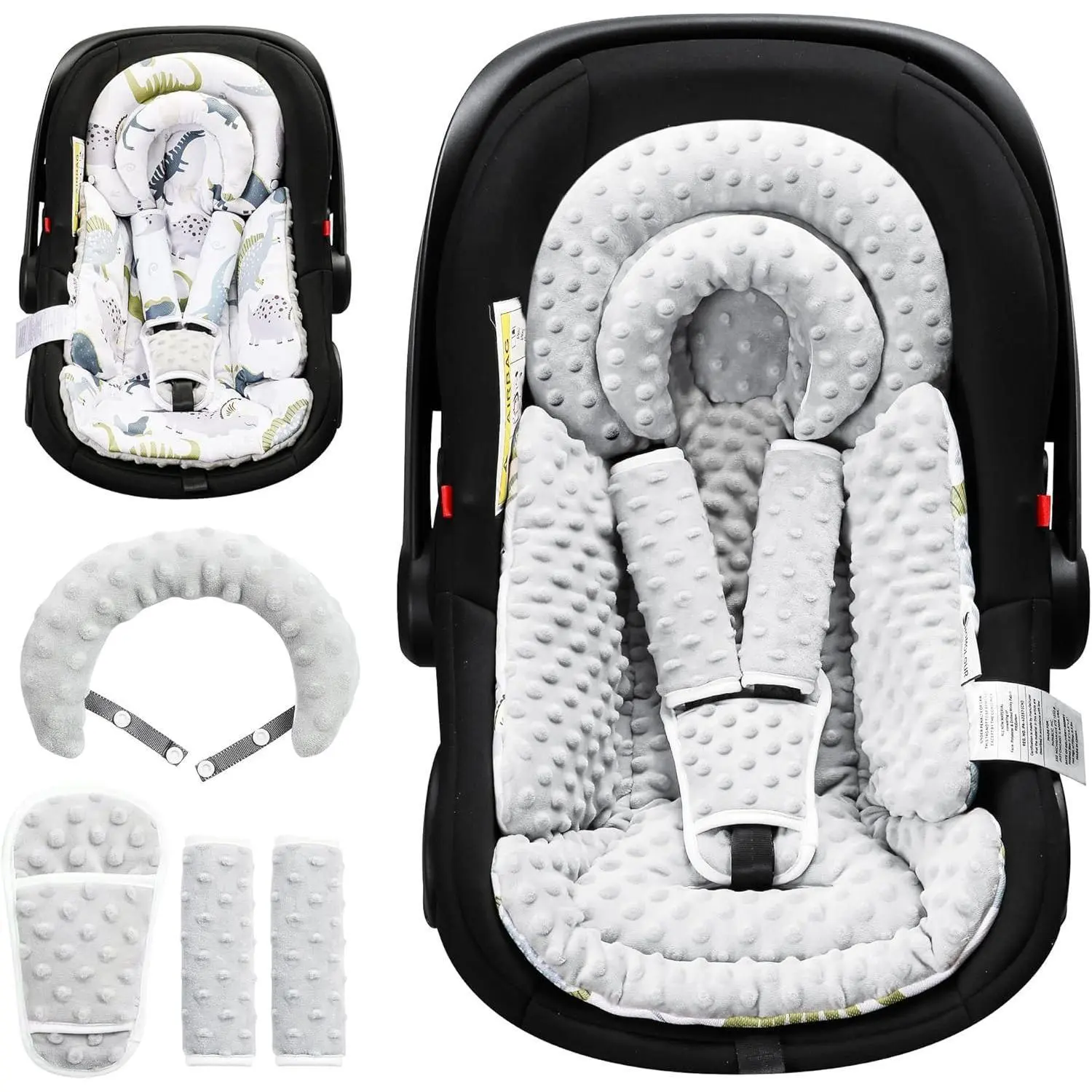 Infant Car Seat Insert, Reversible Soft Minky and Breathable Mesh Head & Body Support for Newborns, Universal Liner for Strollers, Swings, Bouncers with Removable Cushion & Strap Covers - Grey, Car Seat Covers, Seat Filler