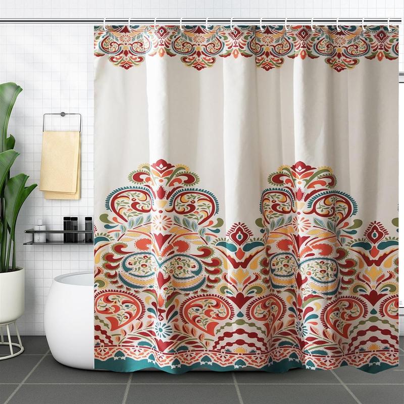 Flower Pattern Waterproof Bath Curtain, Polyester Bohemian Style Bathroom Decorative Curtain, Bathroom Accessory, Home Goods