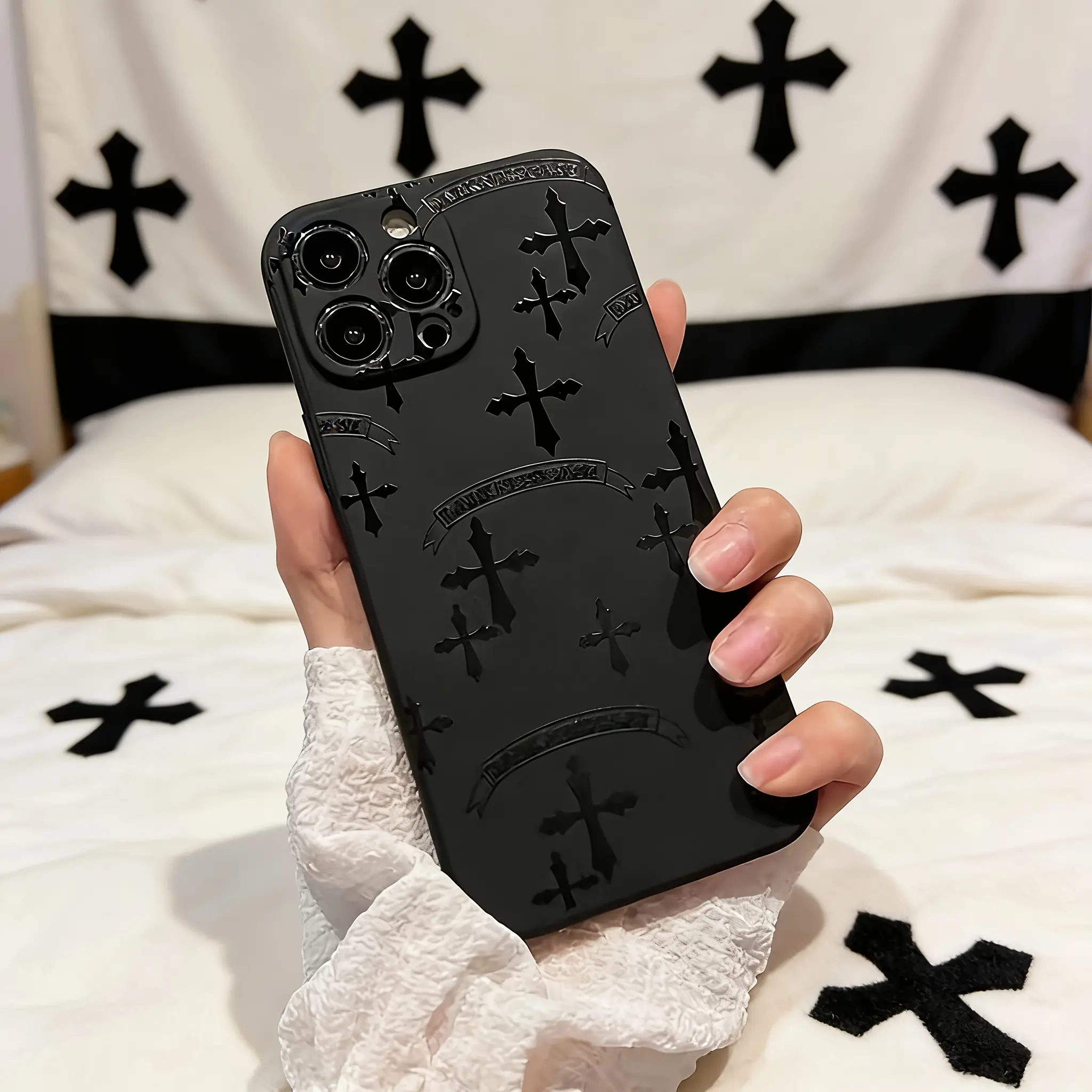 Mobile phone case: printed mobile phone case, silicone mobile phone case, suitable for iPhone 11/12/13/14/15/16/Plus/Pro/Promax/XSMAX/XR/XS/X fashion black cross pattern design-VKOK20