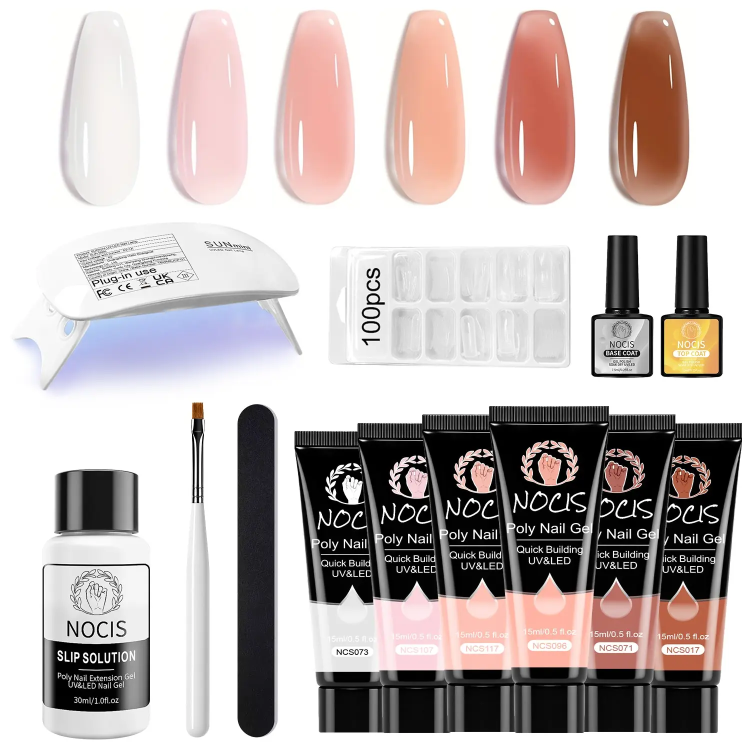 Nocis 6 Color Gel Extension Kit, 15g Builder Gel, Poly Gel Set, Bare Tone Series, Mini UV Lamp, Base Coat, Top Coat, Cleaning Water, Tools, DIY Manicure Set