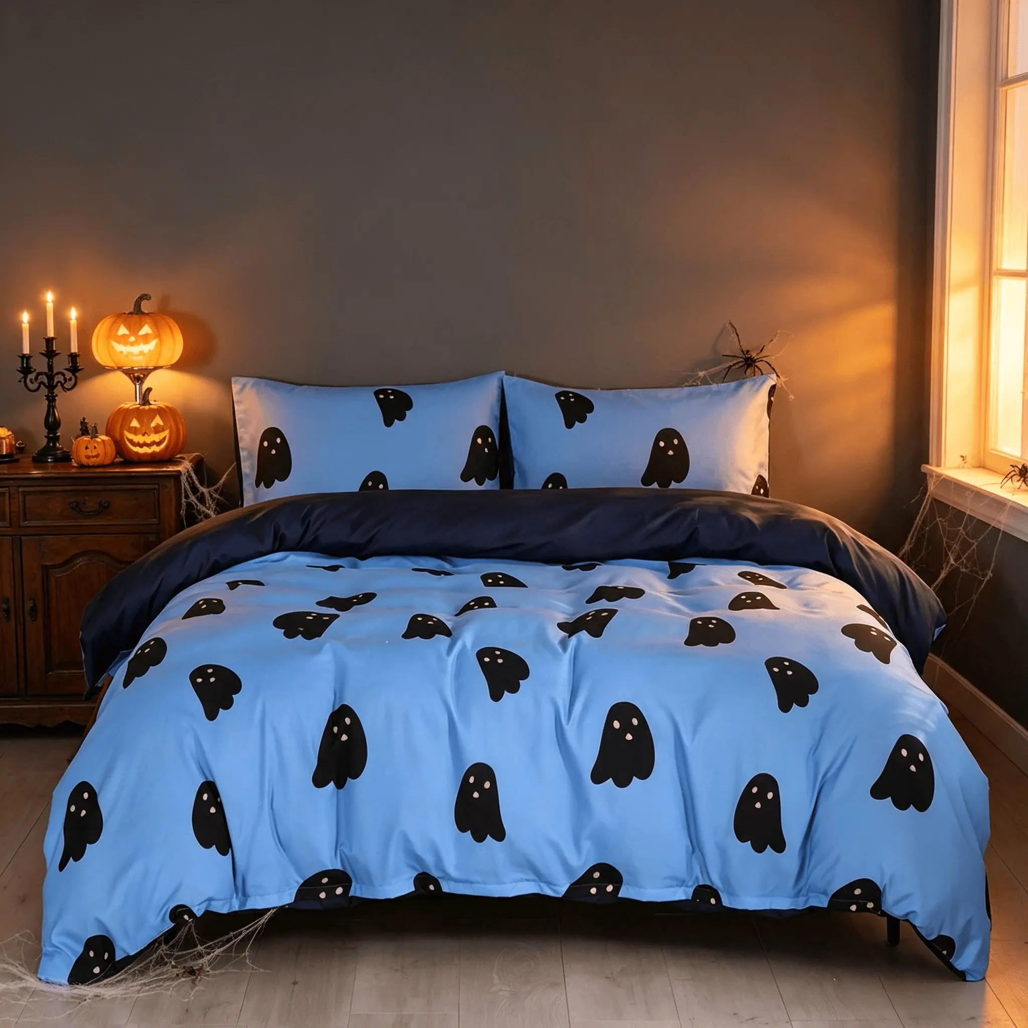 New Halloween Arrival Blue Cute Ghost Digital Print Duvet Cover 3-Piece Set. Includes 1 duvet cover and 2 pillowcases, inserts not included. Soft microfiber bedding set, hotel quality, perfect Halloween gift.