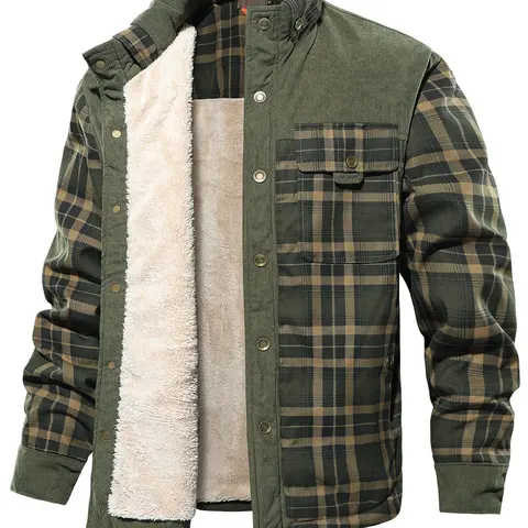 Men's Fall Winter Jacket, Casual Thick Plaid Flannel Workwear, Button Closure Fleece Shirt Jacket, Warm Comfortable Long Sleeve Outerwear