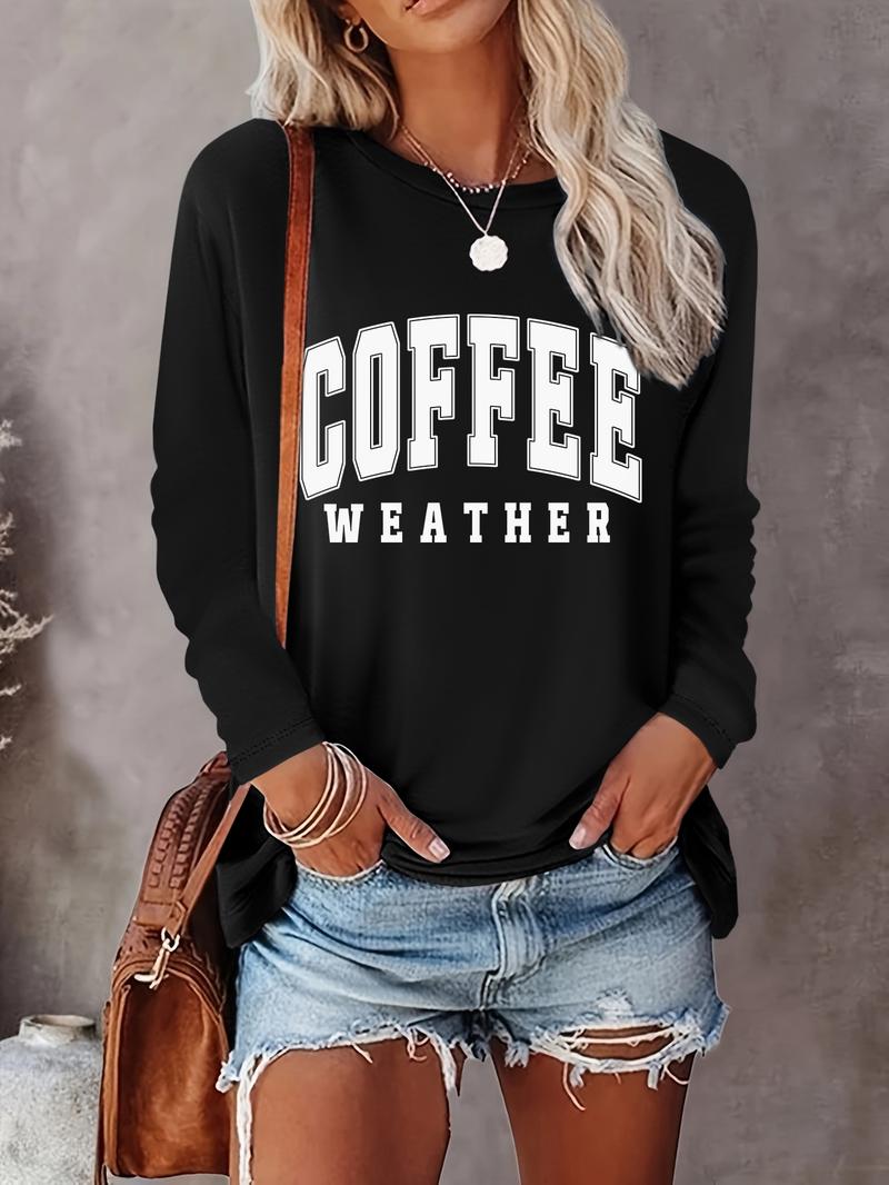 Women's Letter Print Crew Neck T-shirts, Casual Long Sleeve Round Neck T-shirts for Spring & Fall, Fashion Women's Top for Daily Wear