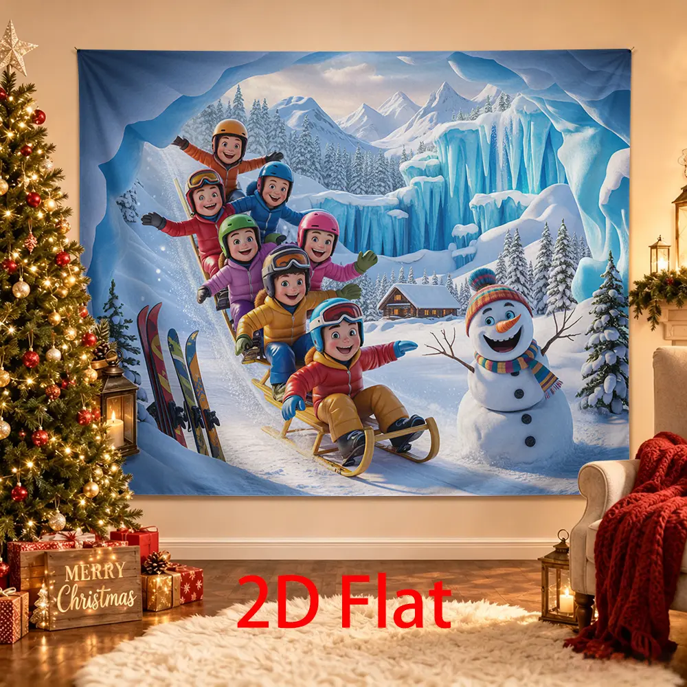 Winter Wonderland Sledding Backdrop, Ice Cave Snowman Ski Mountain Party Background, Snowy Winter Photo Booth Decor