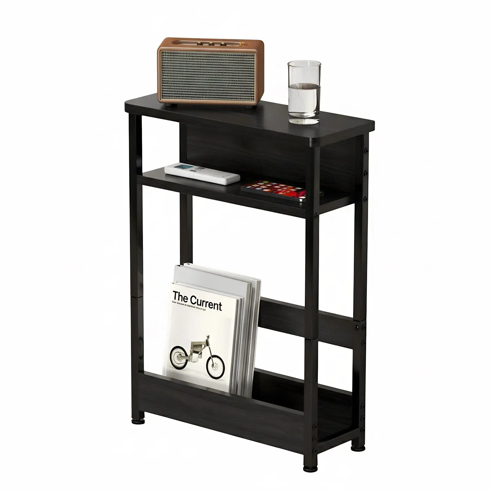 【GAOMON】Narrow Side Table with 3 Shelves, Slim End Table for Small Spaces, 7.9" Deep Sofa Side Table, Industrial Wood & Metal Nightstand for Bedroom Living Room Hallway, No Tool Assembly, Black/Walnut