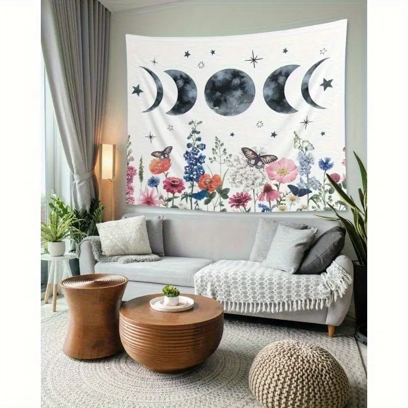 1pc 2D Flat Bohemian Celestial Tapestry Wall Decoration - Phases, Wildflowers And Butterflies, Stars And Pisces Constellation Suitable for Bedrooms, Dorms, Meditation Rooms - Bohemian And Astrology Themed Decor, Comes with a Free Installation Kit