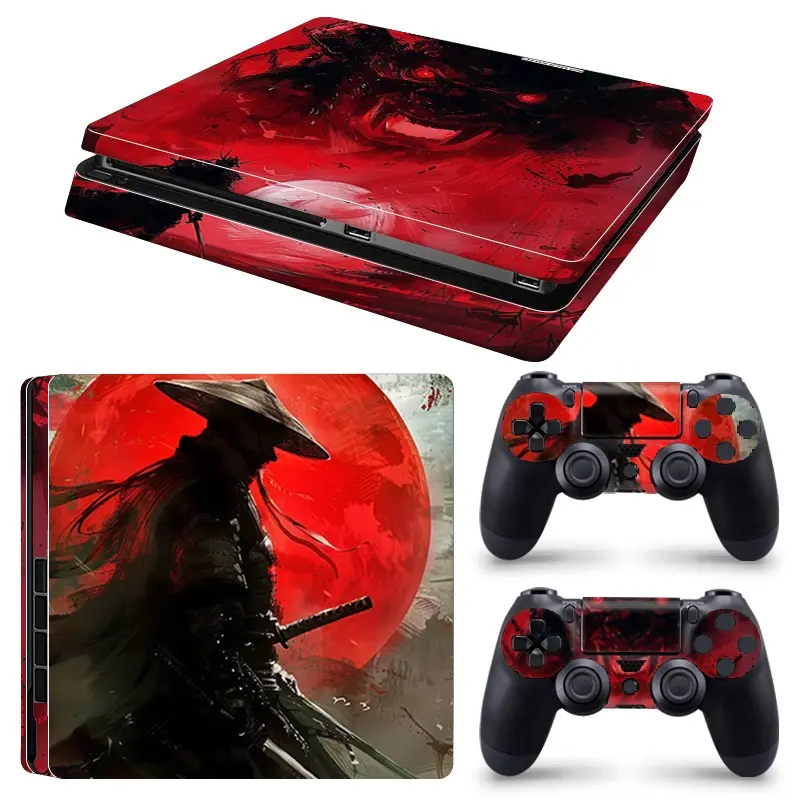Red Tone Lone Warrior Vinyl Skin Sticker Set Compatible with PS4 Slim, 1 Console Skin + 2 Controller Skins, Waterproof, Scratch Resistant, Durable, Removable No Residue